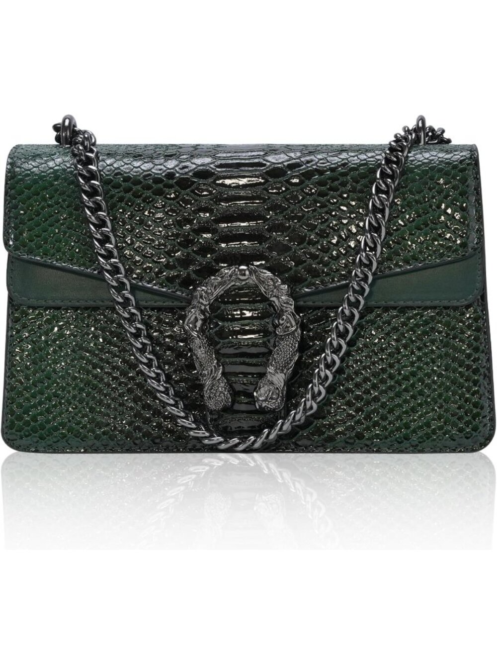 Women's Green Light Leather Cross Body Satchel Classic Snake Print Chain Bag